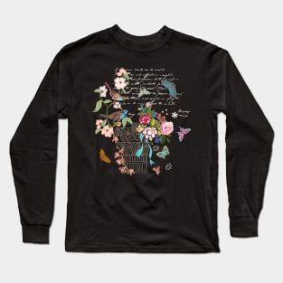 Vintage French style architectural image enhanced with flowers, birds butterflies, script. Interacted design for your projects. Long Sleeve T-Shirt